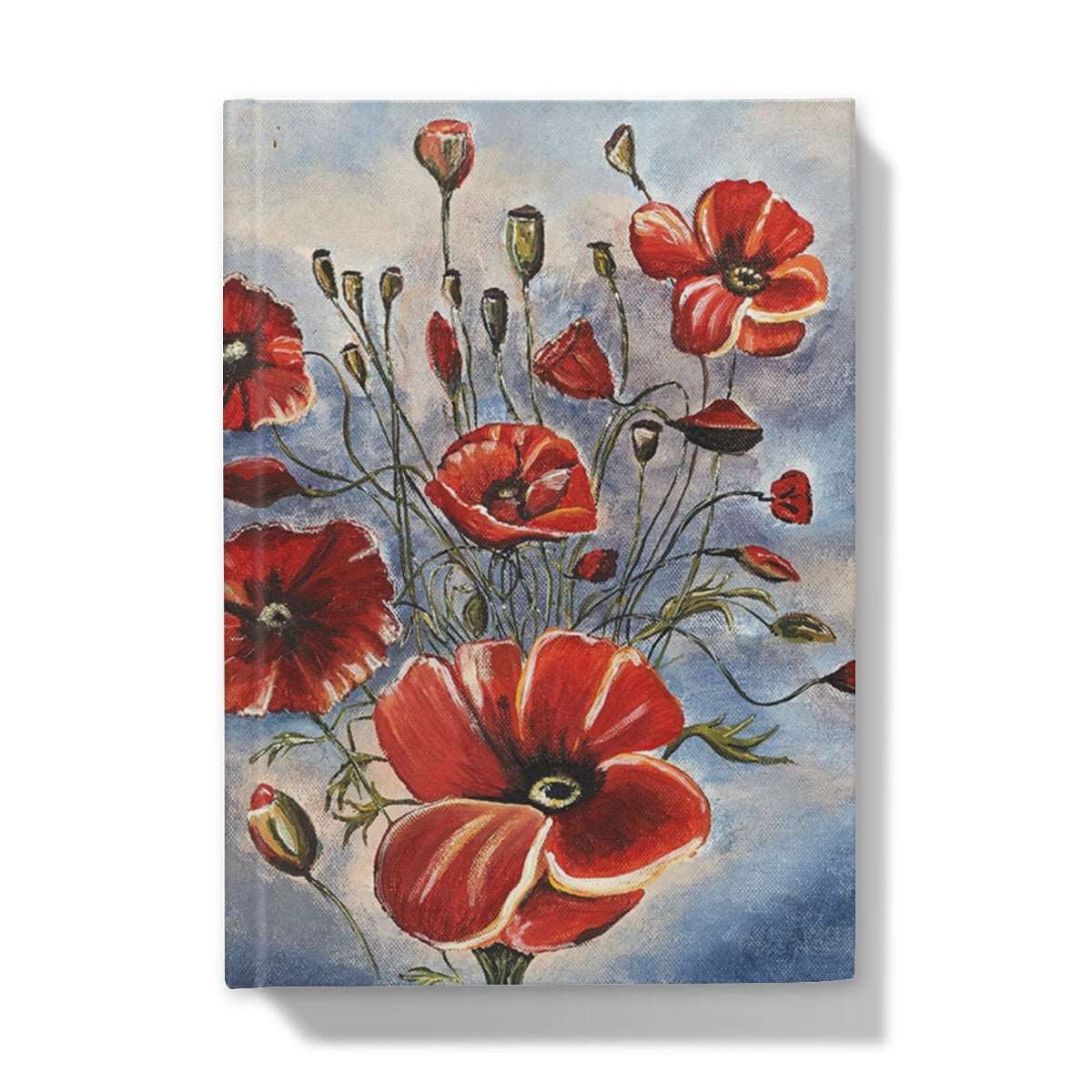 Artistic Hardback Journal Bouquet of Poppies beautiful design of red poppies filling the cover of different shapes & sizes.  Slate blue & pinkish background