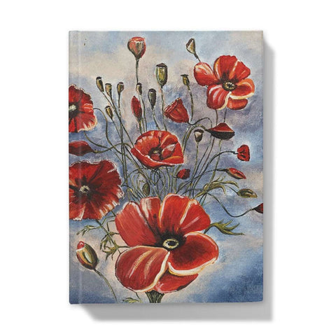 Artistic Hardback Journal Bouquet of Poppies beautiful design of red poppies filling the cover of different shapes & sizes. Slate blue & pinkish background