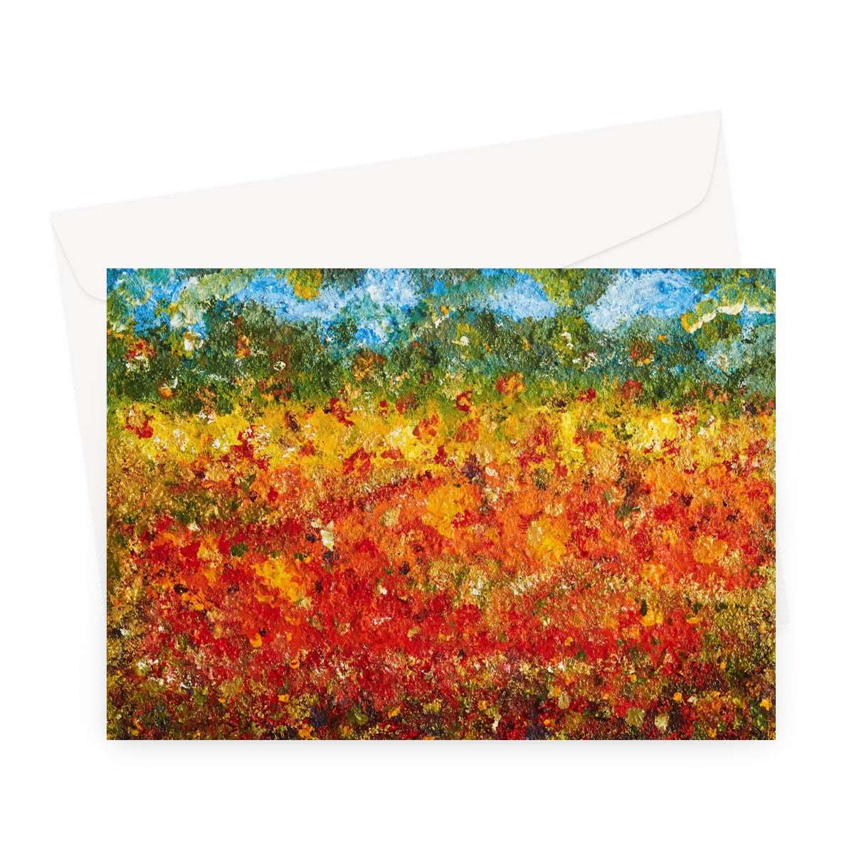 Artistic Blank Greeting Card Summer Fields has the look of a Monet, with colours of reds,yellows golds, greens depicting a field with a blue sky