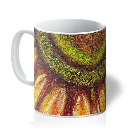 Artistic Coffee Mug Sunflower Passion in mixed vibrant colours of yellows & hints of beautiful soft lime greens, reds, burnt browns & bronze