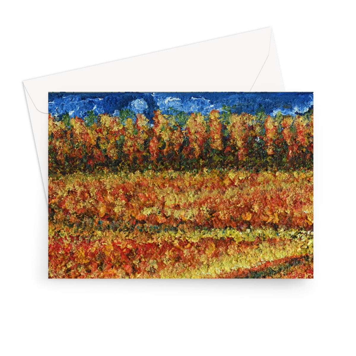 Artistic Blank Greeting Card Walking Through Canada is a colourful slightly abstract painting of summer field in Canada with a meandering pathway through to a lager forest in the distance, blue sky.