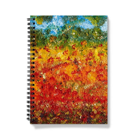 Artistic Journal Notebook Summer Field with Art with a fusion of colours of golds reds and other grasses in a wild field, trees in the background with blue sky. Abstract painting