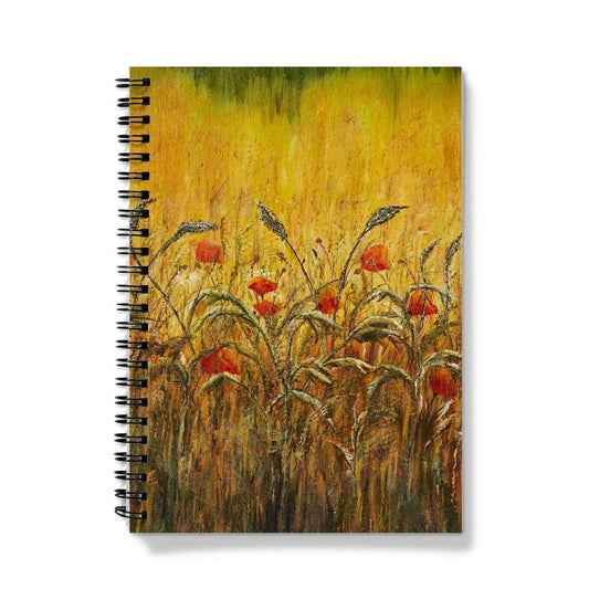 Golden Fields & Poppies Journal Notebook of a golden field of corn in the distance and dried grasses and poppies in the forefront.  Very warm and natural