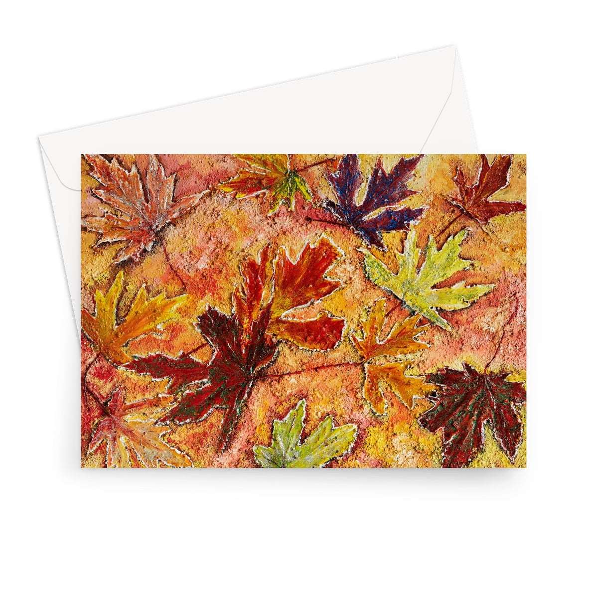 Artistic Blank Greeting Card Tutti Fruitt with all the colours of the Canadian Maple trees in the fall. Beautiful maple leaves painted with acrylics & sparkly hints