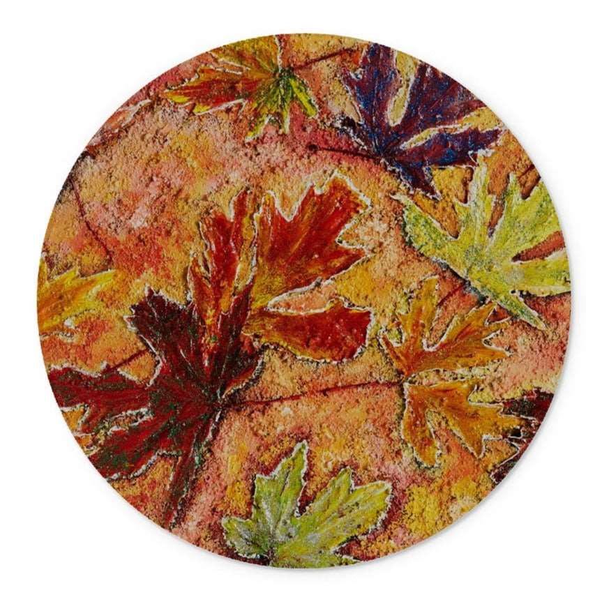 Artistic Glass Cutting Board Tutti Fruitt has all the colours of a rainbow on and around maple leaves as they fell on the ground in a Canadian forest.  Beautiful colours of the fall in Canada