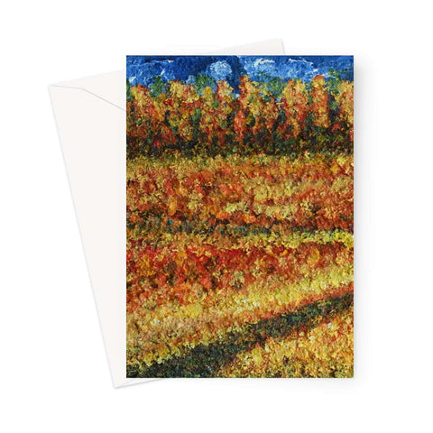 Artistic Blank Greeting Card Walking Through Canada is a colourful slightly abstract painting of summer field in Canada with a meandering pathway through to a lager forest in the distance, blue sky.