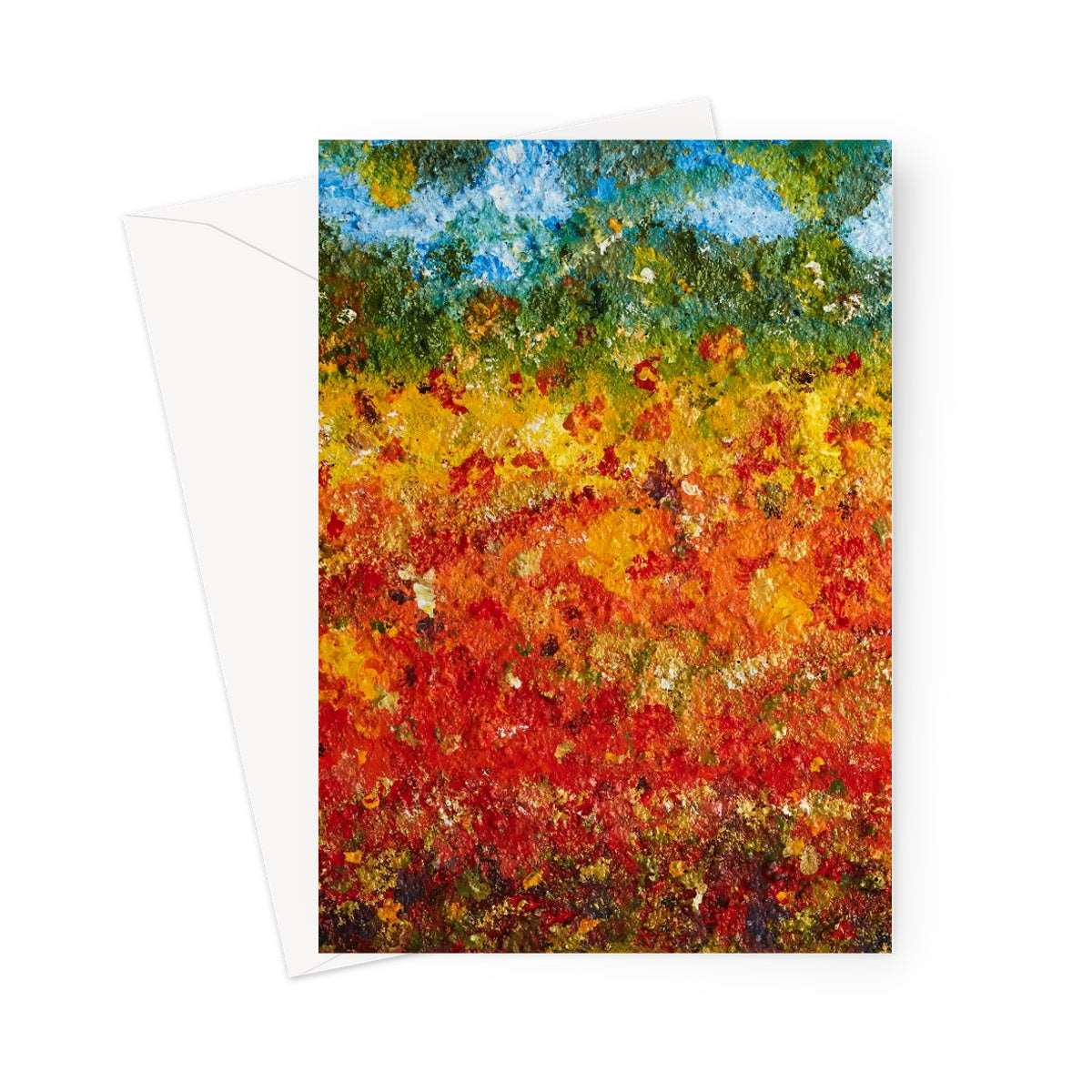 Artistic Blank Greeting Card Summer Fields has the look of a Monet, with colours of reds,yellows golds, greens depicting a field with a blue sky