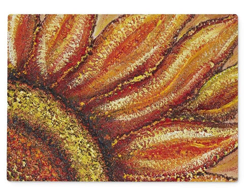 Beautiful artistic glass cutting board Sunflower passion made from tempered glass, our chopping boards are highly durable, heat resistant, scratch proof and offer crystal-clear clarity Unique designs from artist Michelle Roberts Bring beauty and function to your kitchen while creating your meals with colour