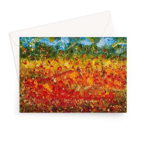 Artistic Blank Greeting Card Summer Fields has the look of a Monet, with colours of reds,yellows golds, greens depicting a field with a blue sky