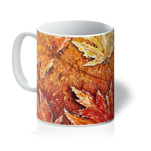 Artistic mug with autumnal maple leaves in bronzes & golds 