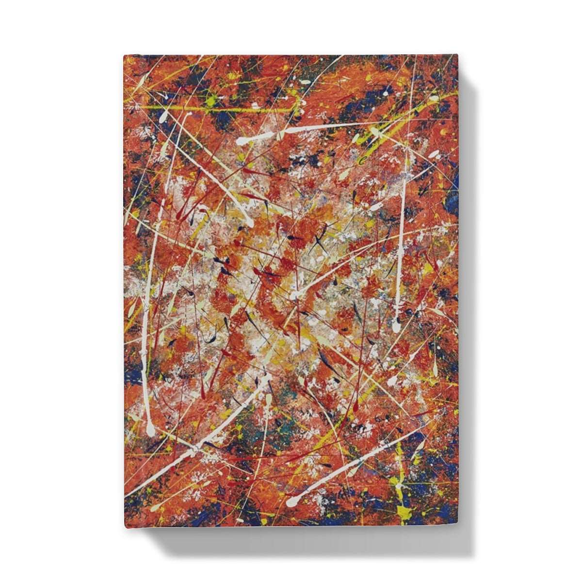 Artistic Hardback Journal Energy abstract design with splashes of white & yellows on orange and blues and golds