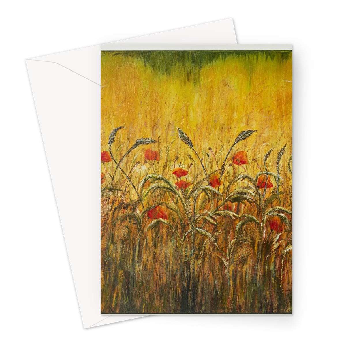 Golden Fields & Poppies Blank Greeting Card, has a golden wheatfield with lighter and darker coloured dried grasses & wild red poppies scattered at the front of the card.