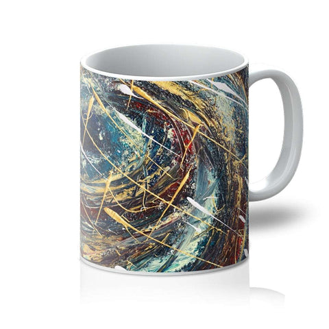 artistic abstract mug with swirling colours of blues, velvet reds, golds & white