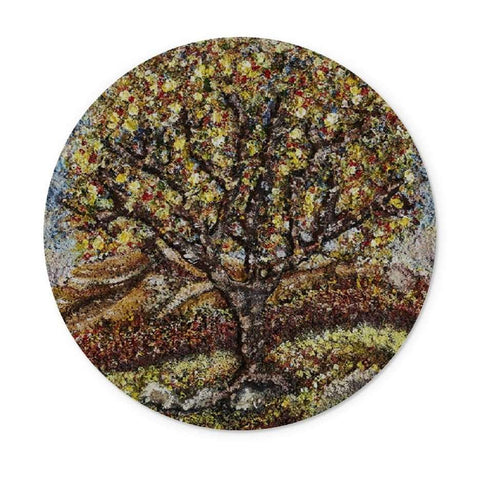 Friendship Tree Glass Chopping Board of a very colourful tree, petals, small fruits on an English moorland Artistic Friendship has a very colourful tree in leaf, & fruits on an with lovely greens & greys for moss & moor rocks on the floor