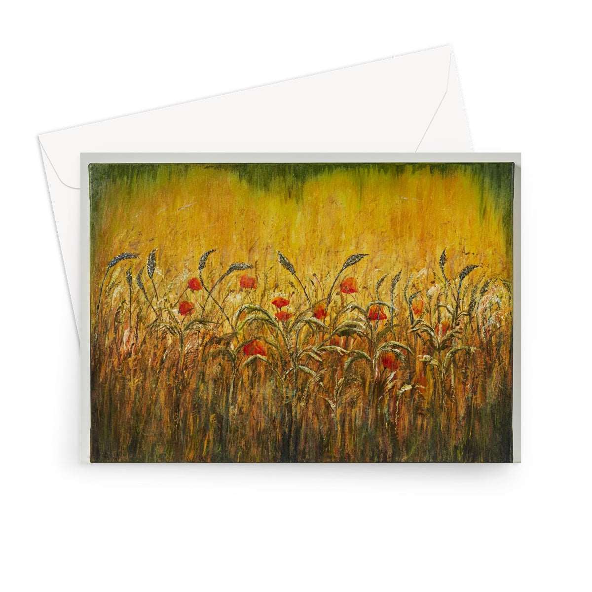 Golden Fields & Poppies Blank Greeting Card, has a golden wheatfield with lighter and darker coloured dried grasses & wild red poppies scattered at the front of the card.