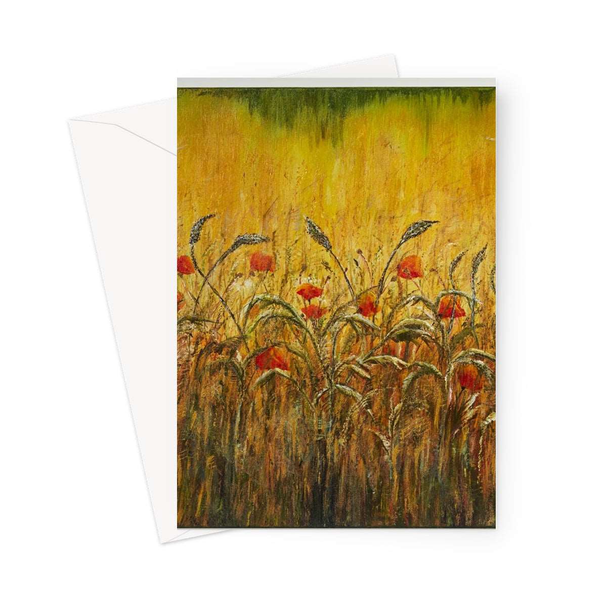 Golden Fields & Poppies Blank Greeting Card, has a golden wheatfield with lighter and darker coloured dried grasses & wild red poppies scattered at the front of the card.