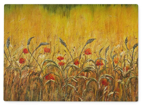 Artistic Glass Cutting Board Fields & Poppies golden has a golden wheat colour background with deied grasses and red poppies in the forefront . this is a rectangular board