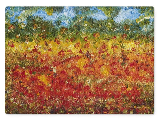 A Rectangular Artistic Glass Cutting Board walking Through Canada An impressionist creation of colours of reds, yellows, greens & golds through Canadian fields in the fall