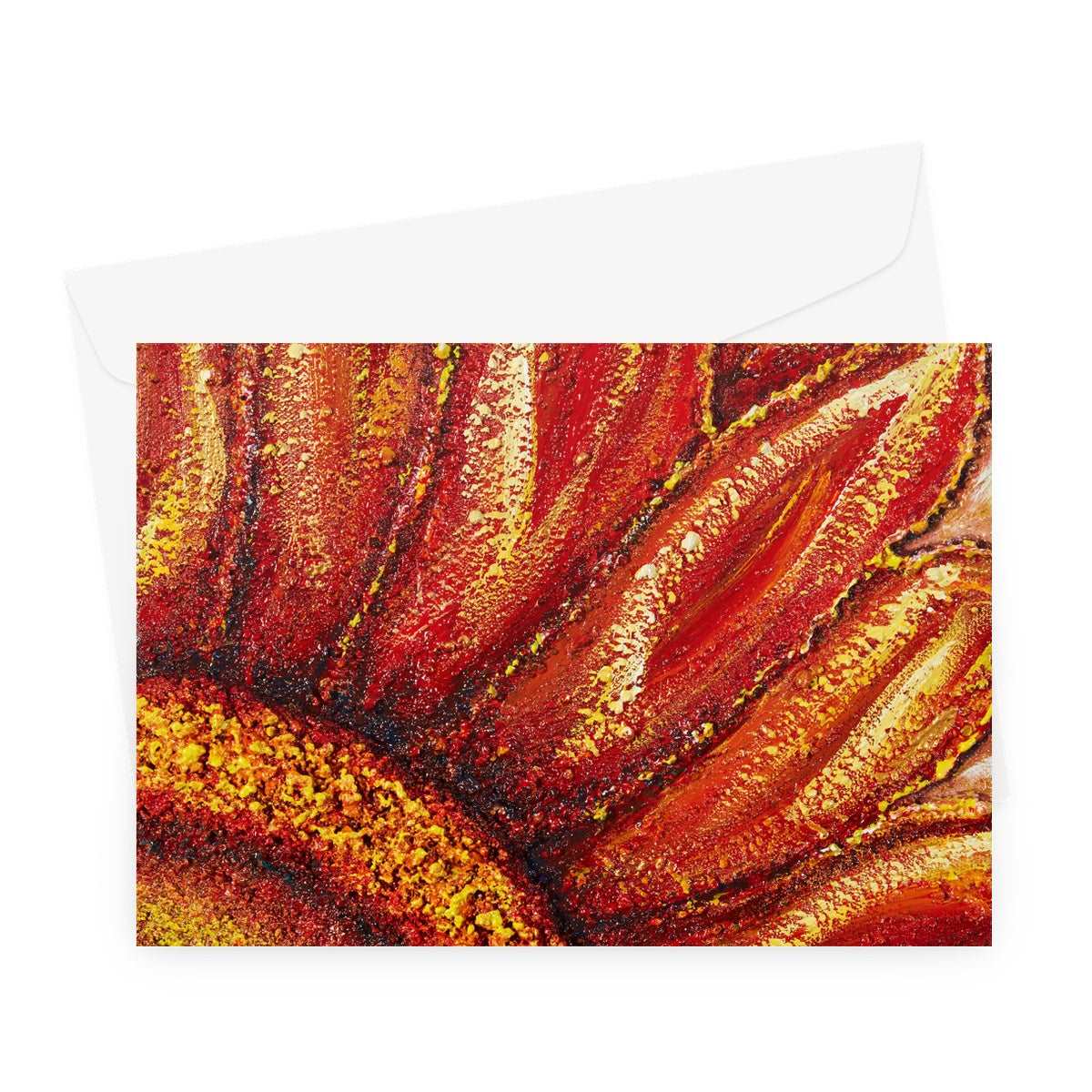 Artistic Blank Greeting Card Sunflower Passion with red & golden yellow colours, beautifully rich!