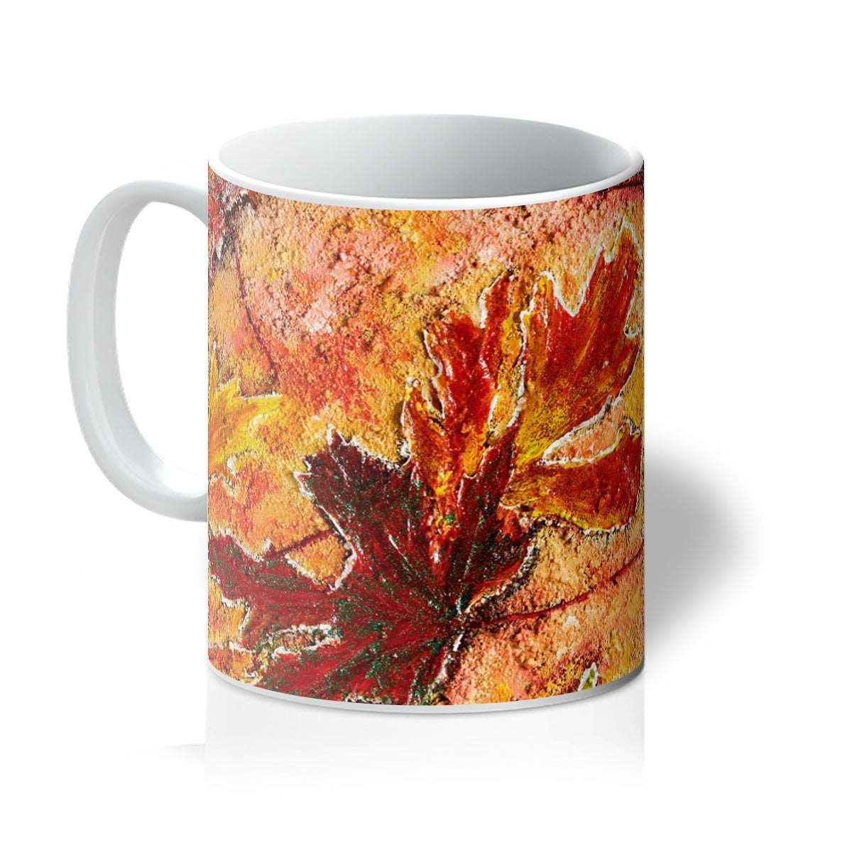 Artistic mug with maple leaves with  vibrant playful colours