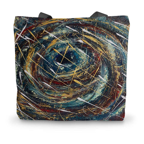 A durable canvas tote with an image of swirling colours of blues, blacks, gold, velvet reds & golds.