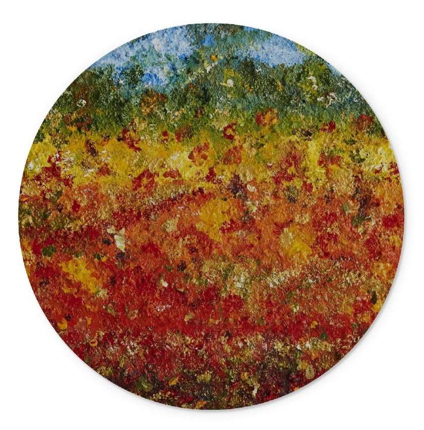 A round Artistic Glass Cutting Board walking Through Canada An impressionist creation of colours of reds, yellows, greens & golds  through Canadian fields in the fall