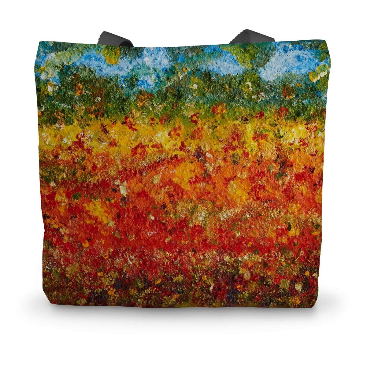 Artistic Durable Tote Bag Summer Fields is a beautiful mix of colours describing a summer field in reds golds darker colours for depth to the distance  of greens of a forest & blue sky