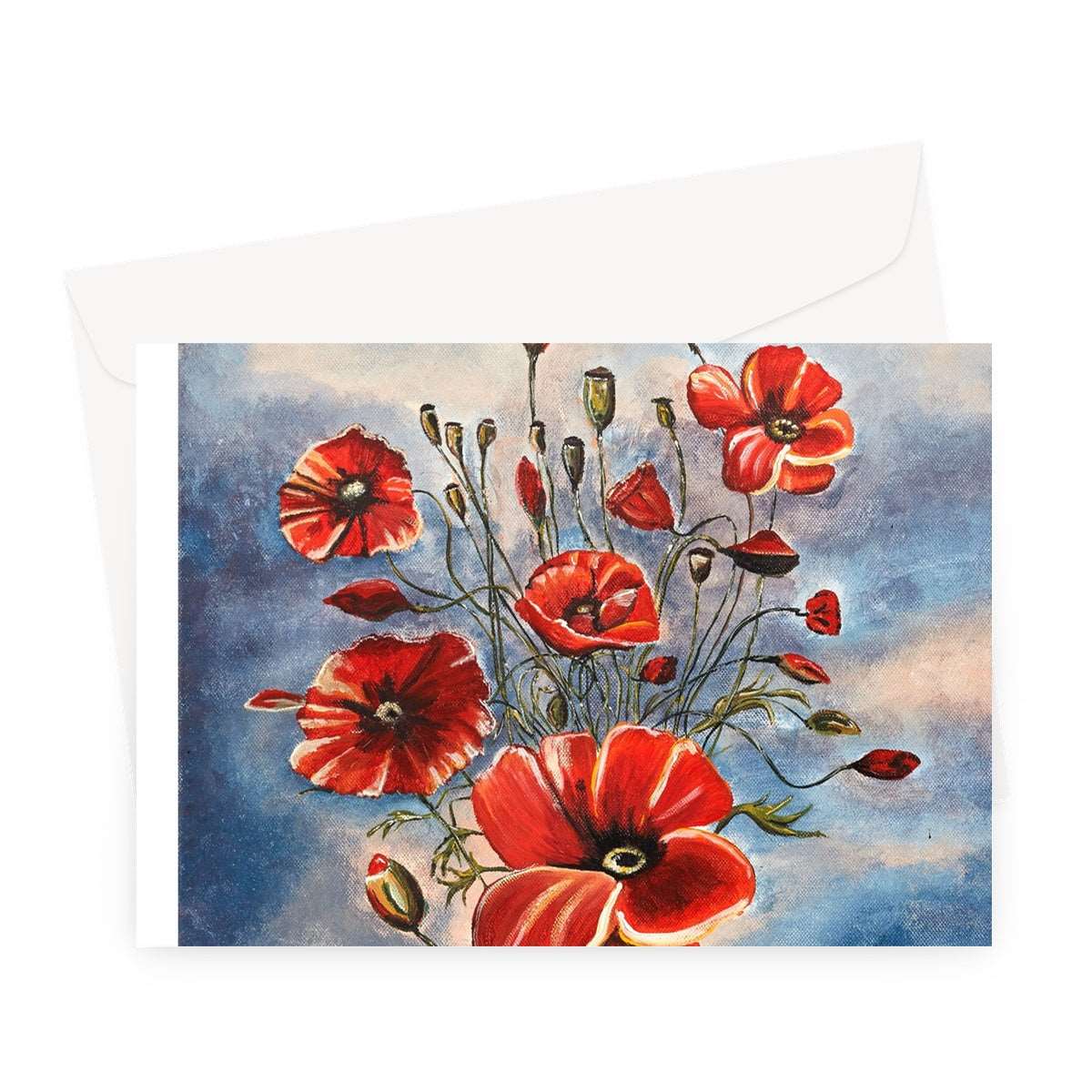 Artistic Blank Greeting Card Bouquet of Poppies is an illustration of beautiful red poppies free and lots of new heads just starting to open with four large red ones