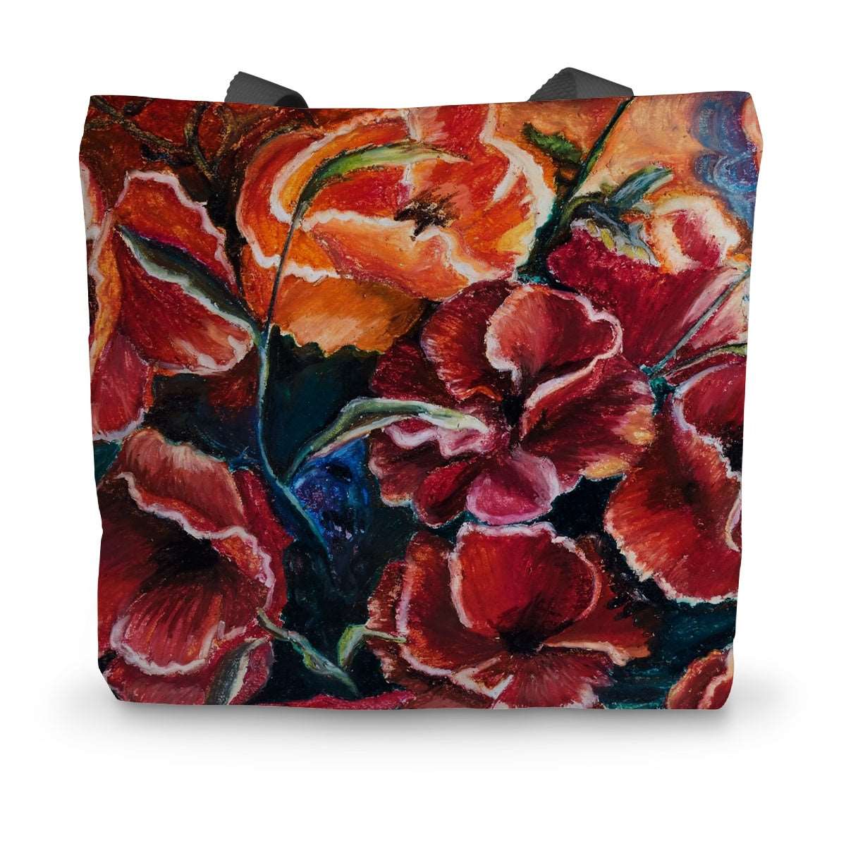 Artistic Durable Tote Bag Poppy Love full of beautiful large poppy heads of reds in velvet colours & deep blues & greens to five depth  in between.