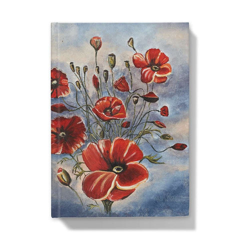 Artistic Hardback Journal Bouquet of Poppies beautiful design of red poppies filling the cover of different shapes & sizes. Slate blue & pinkish background