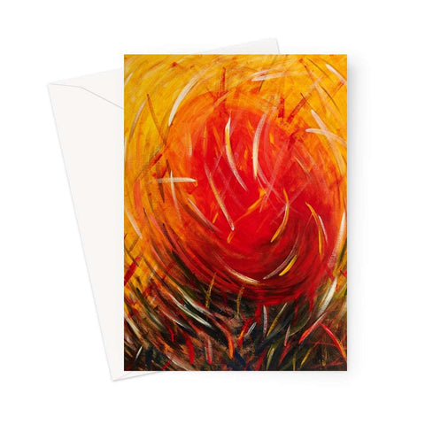 Artistic Blank Greeting Card Warm Energy has a warm red circular sun moving towards you gathering in its energy the grasses of nature surrounding it.  Yellow hues towards the outer part of the card.