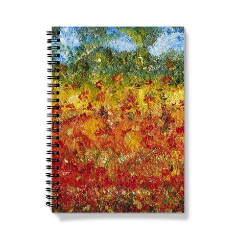 Artistic Journal Notebook Summer Field with Art with a fusion of colours of golds reds and other grasses in a wild field, trees in the background with blue sky. Abstract painting