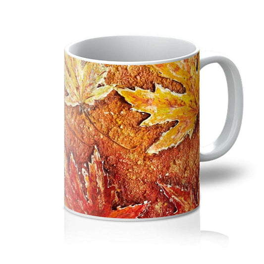 Artistic mug with autumnal maple leaves in bronzes & golds