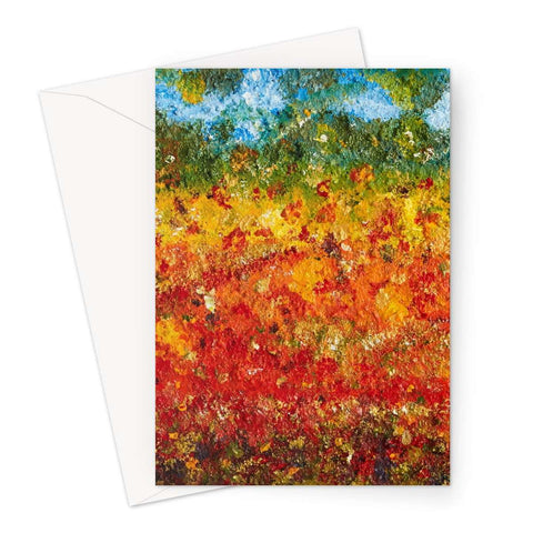 Artistic Blank Greeting Card Summer Fields has the look of a Monet, with colours of reds,yellows golds, greens depicting a field with a blue sky