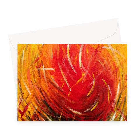 Artistic Blank Greeting Card Warm Energy has a warm red circular sun moving towards you gathering in its energy the grasses of nature surrounding it.  Yellow hues towards the outer part of the card.