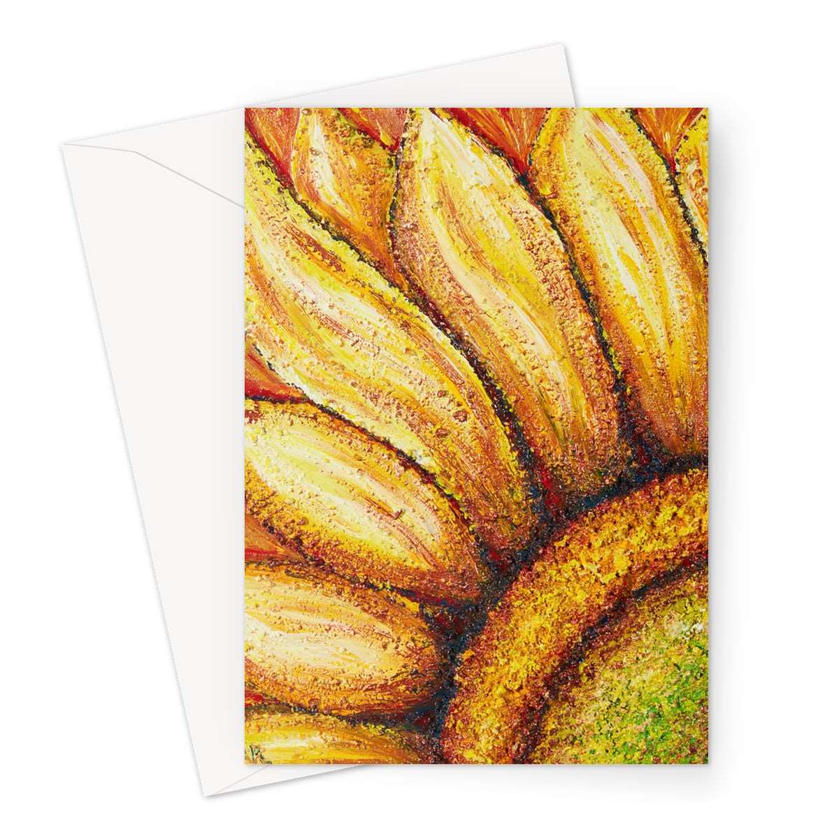 Artistic Blank Greeting Card Sunflower Passion is an image of the painting of the yellow sunflower with a beautiful emerald and gold centre.