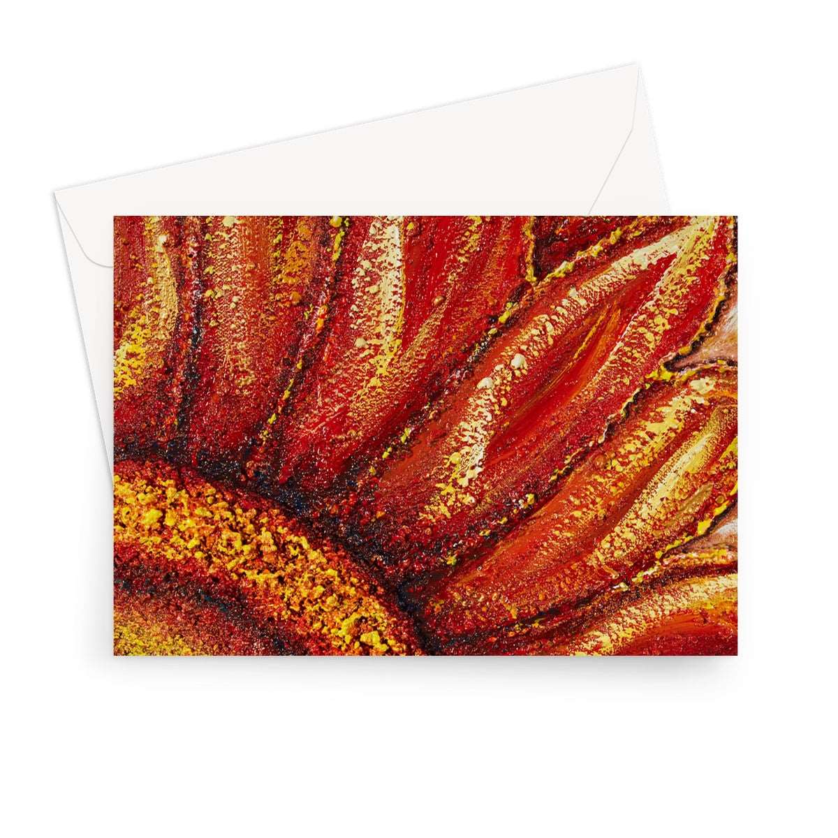 Artistic Blank Greeting Card Sunflower Passion with red & golden yellow colours, beautifully rich!