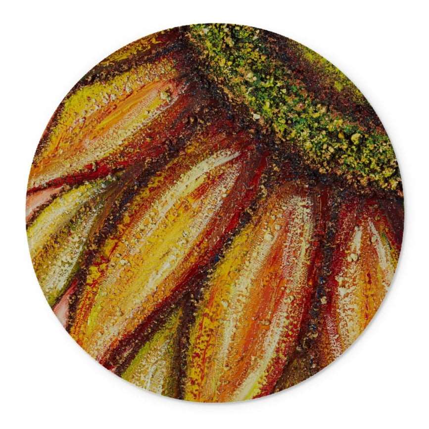 A round Beautiful artistic glass cutting board Sunflower passion made from tempered glass, our chopping boards are highly durable, heat resistant, scratch proof and offer crystal-clear clarity Unique designs from artist Michelle Roberts Bring beauty and function to your kitchen while creating your meals with colour