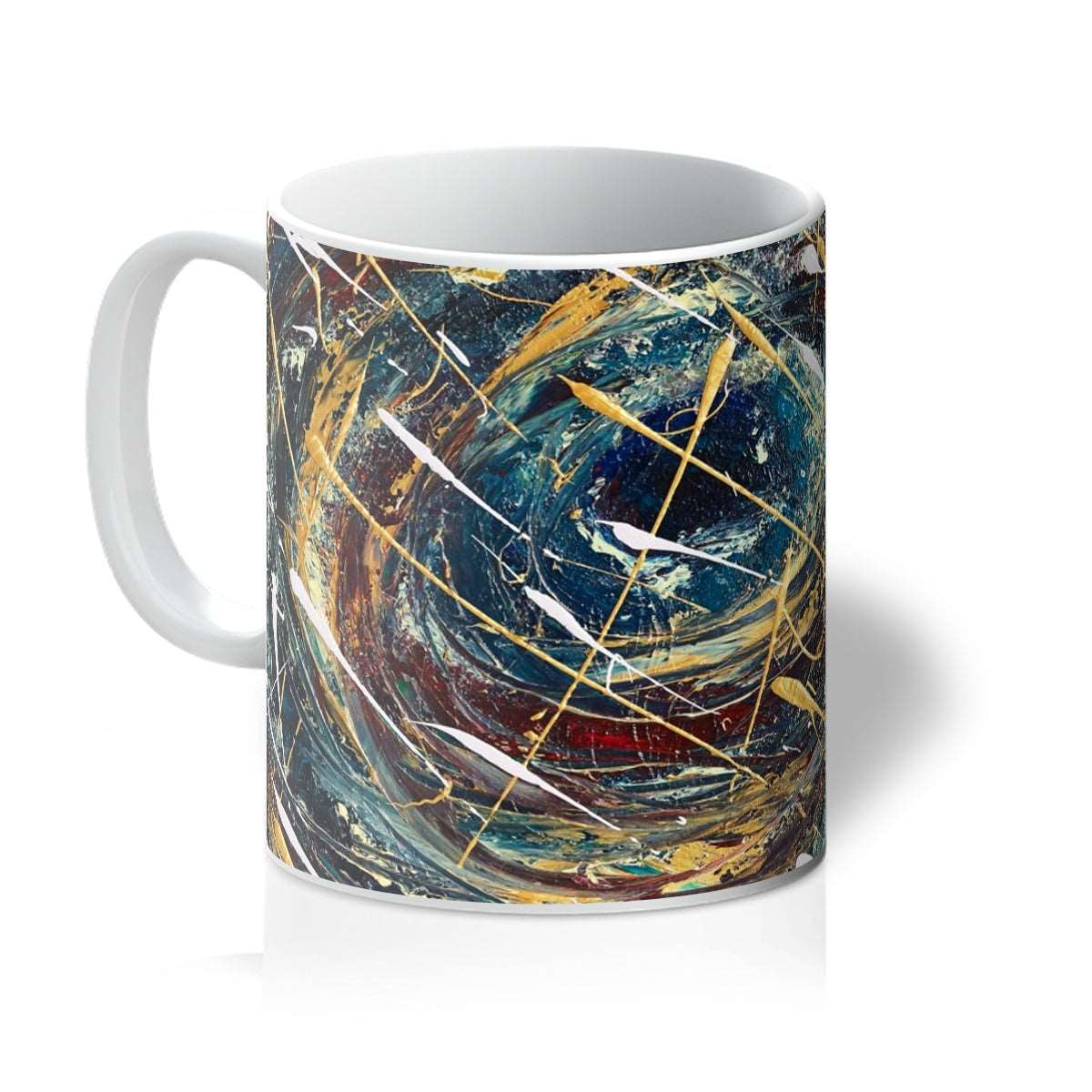 artistic abstract mug with swirling colours of blues, velvet reds, golds & white