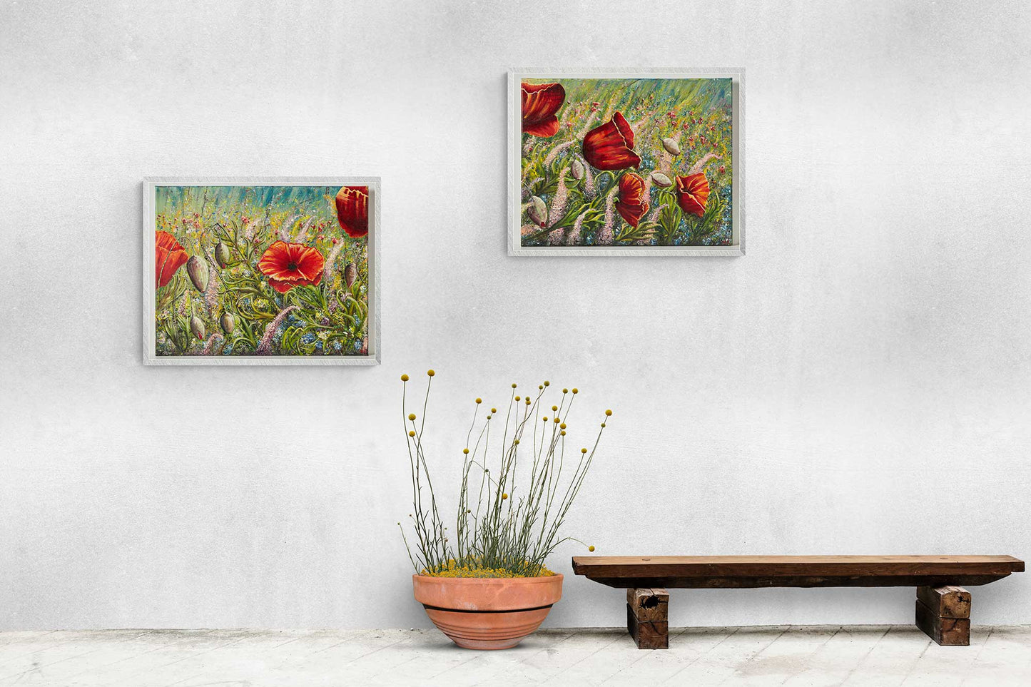 Wall Art canvas print Diptych Poppy Love and Wildflowers, beautiful wild pink, yellow blue wild flowers poppies in a wild field with blue sky, on a white stone wall, plant pot and wooden bench on a tiled floor.