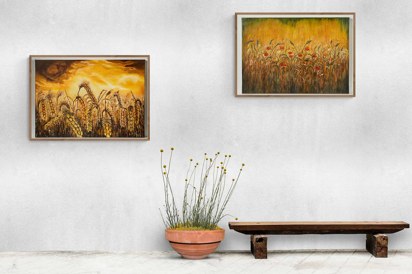 Wall Art Print on Canvas Golden Field and Poppies with golden shades & auburn highlights with spontaneous poppies here & there, long dried grasses swaying in the breeze.  Beautifully displayed on a stone wall with another canvas print painting of a golden stormy  wheat field