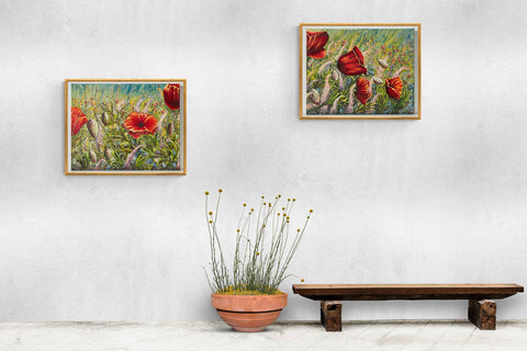 Diptych of Wall Art canvas print Poppy Love and Wild Flowers, on a stone wall with pot and bench below showing beautiful wild pink, yellow blue  wild flowers poppies  in a wild field with blue sky.