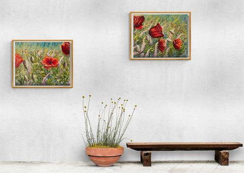 Diptych of Wall Art canvas print Poppy Love and Wildflowers, beautiful delicate colours of wild pinks, pale yellows, blue wildflowers & soft  red poppies in the distance.  Larger bold poppies in the foreground, beautifuly displayed on a stone wall framed with wooden bench a pot with flowers.