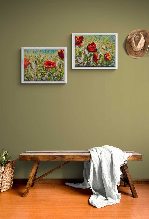 Wall Art canvas print Diptych Poppy Love and Wildflowers, beautiful wild pink, yellow blue wild flowers poppies in a wild field with blue sky, on a sage green wall wooden bench below.