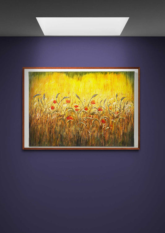 Wall Art Print on Canvas Golden Field and Poppies with golden shades & auburn highlights with spontaneous poppies here & there, long dried grasses swaying in the breeze.  Beautifully displayed on a blue wall under light