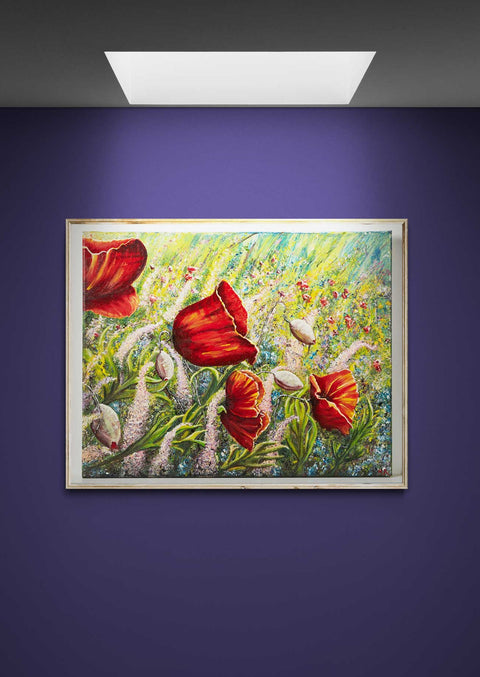 Wall Art canvas print Poppy Love and Wildflowers, beautiful delicate colours of wild pinks, pale yellows, blue wildflowers & soft  red poppies in the distance.  Larger bold poppies in the foreground.