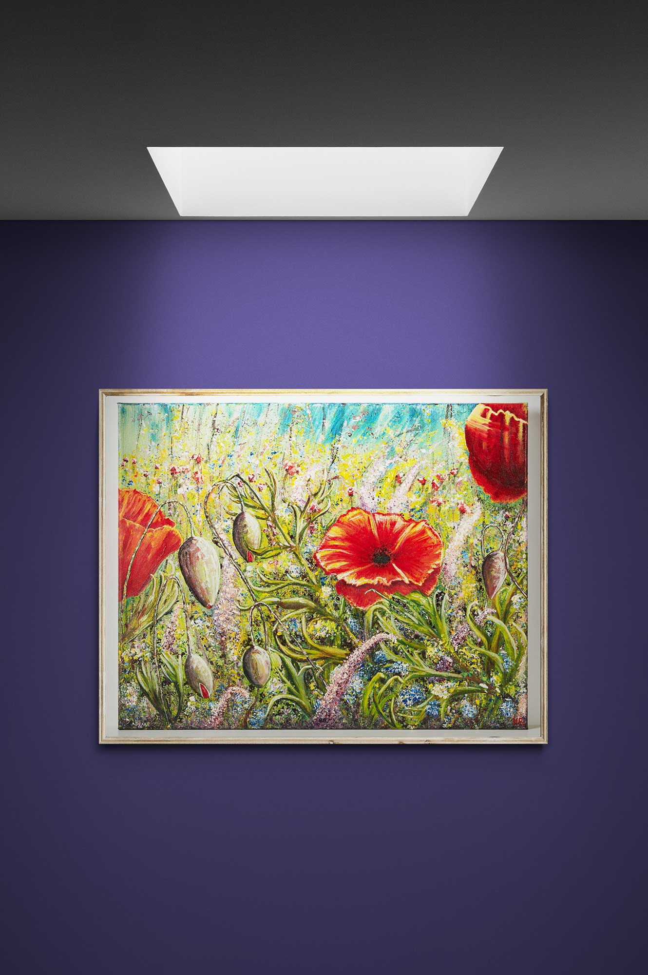 Wall Art canvas print Poppy Love and Wild Flowers, beautiful wild pink, yellow blue wild flowers poppies in a wild field with blue sky.