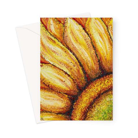 Artistic Blank Greeting Card Sunflower Passion is an image of the painting of the yellow sunflower with a beautiful emerald and gold centre.