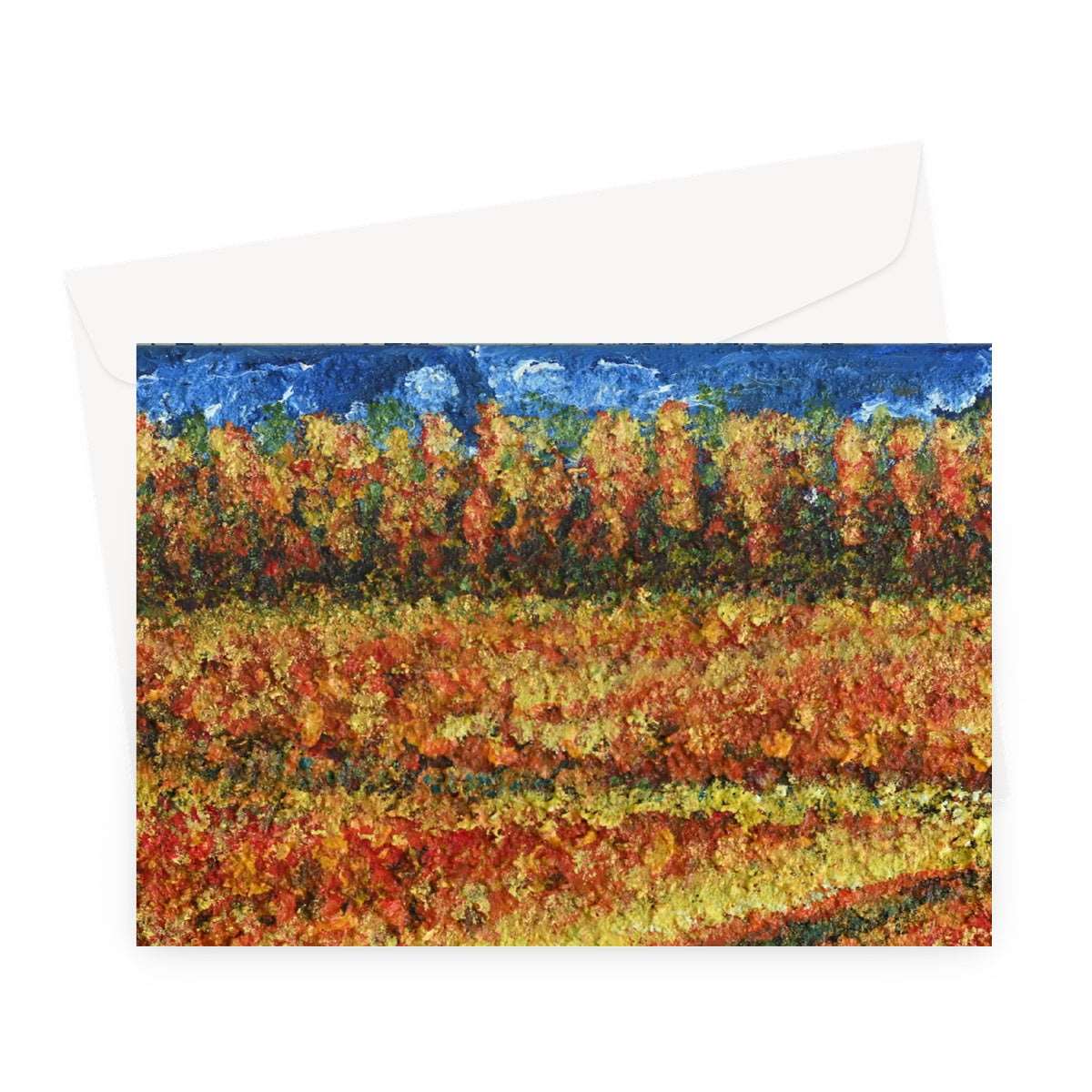 Artistic Blank Greeting Card Walking Through Canada is a colourful slightly abstract painting of summer field in Canada with a meandering pathway through to a lager forest in the distance, blue sky.