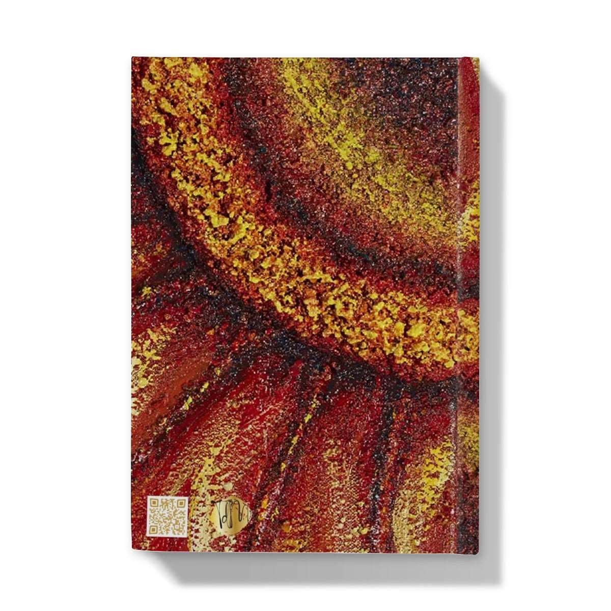 Artistic Hardback Journal Sunflower Passion with the centre of the flower in one corner and the petals reaching out towards the edges of the journal.  Beautiful rich colours of reds & golds